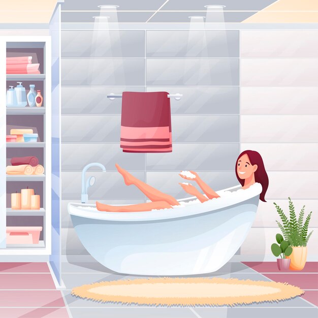 Young woman taking bath in bathroom at home Happy woman washing with soap and foam in bathtub indoor vector illustration Room interior design with closet with shelves towel carpet