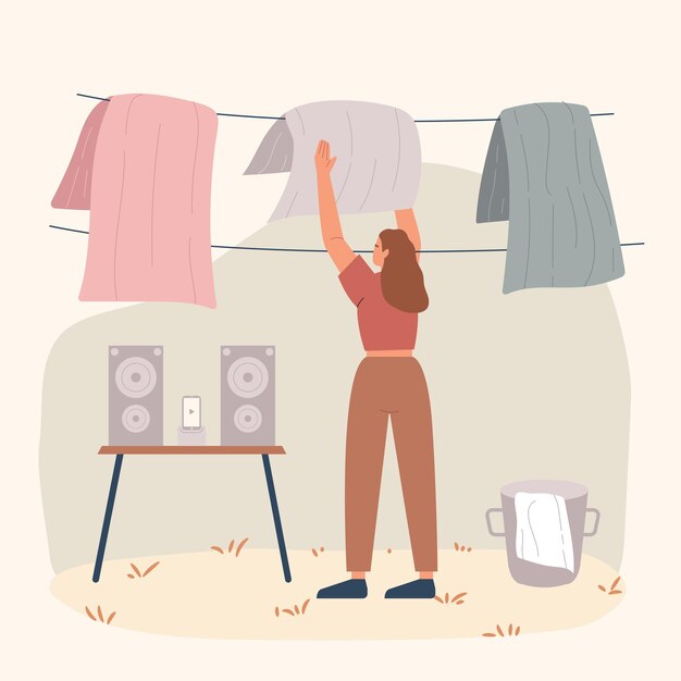 Young woman taking clothes from bucket & hanging wet clothes out to dry concept flat illustration.