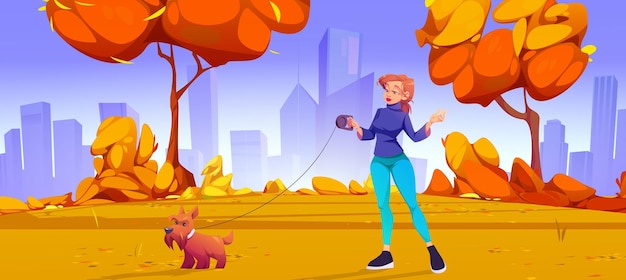 Free vector young woman walking dog in autumn park