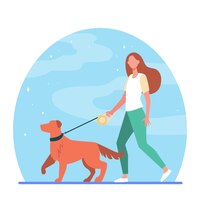 Собака прогулки молодой женщины на поводке. девушка ведет домашнее животное в парке плоской иллюстрации.