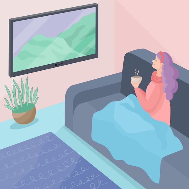 Free vector young woman watching a movie at home