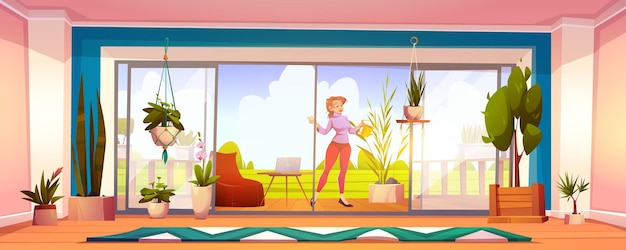 Бесплатное векторное изображение Молодая женщина поливает растения дома на открытой террасе
