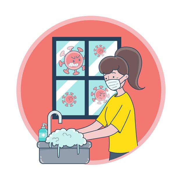 A young woman wearing a mask and washing her hands to prevent germs