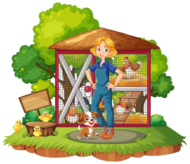 Free vector young woman wirh chicken farm