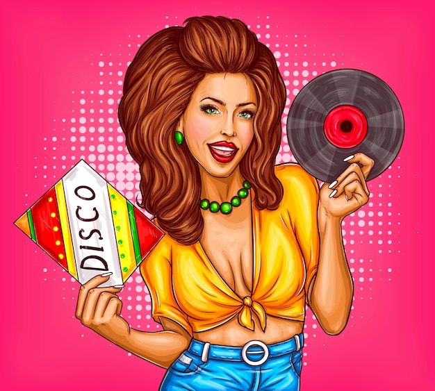Young woman with disco vinyl record pop art vector