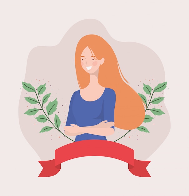 Free vector young woman with frame ribbon and leafs