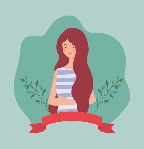 Free vector young woman with frame ribbon and leafs