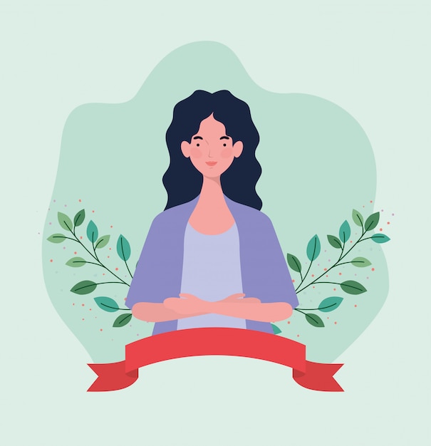 Free vector young woman with frame ribbon and leafs