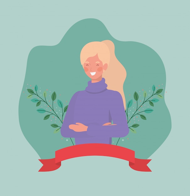 Free vector young woman with frame ribbon and leafs