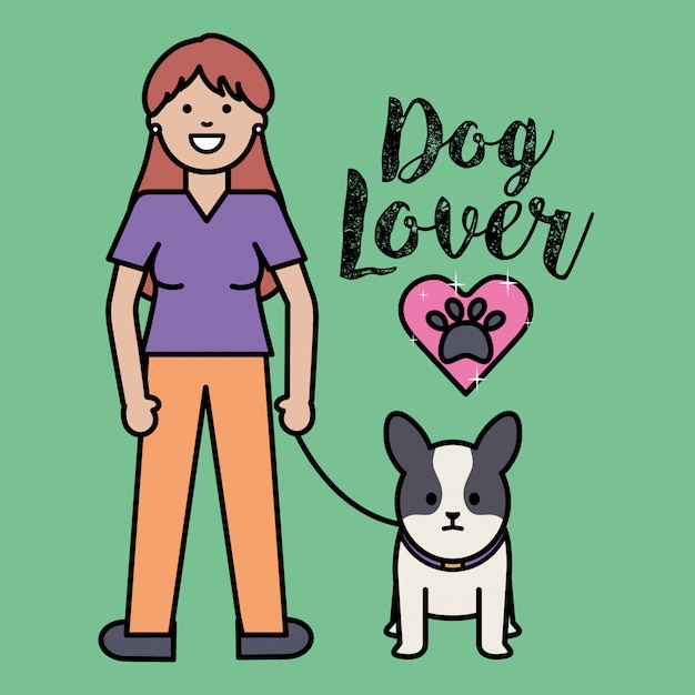 Free vector young woman with little dog adorable mascot