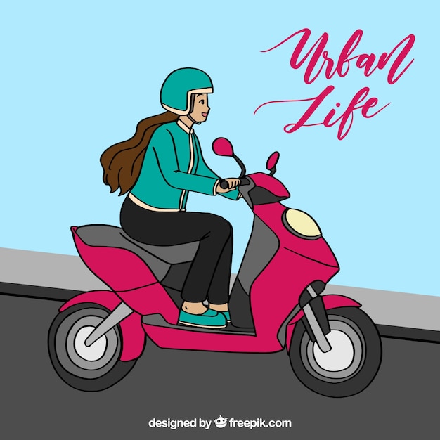 Free vector young woman with urban scooter