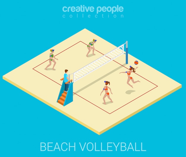 Young women play beach volleyball flat isometric\
illustration.