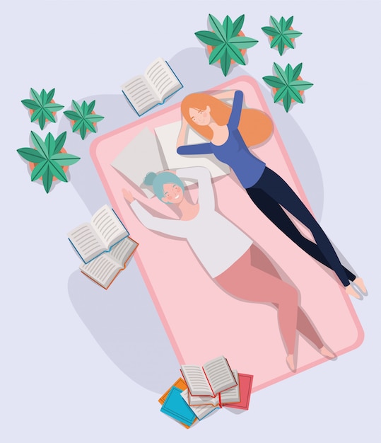 Бесплатное векторное изображение Молодые женщины отдыхают в матрасах в спальне