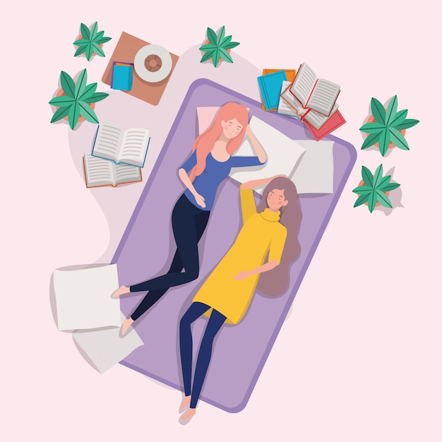 Young women relaxing in mattress in the bedroom