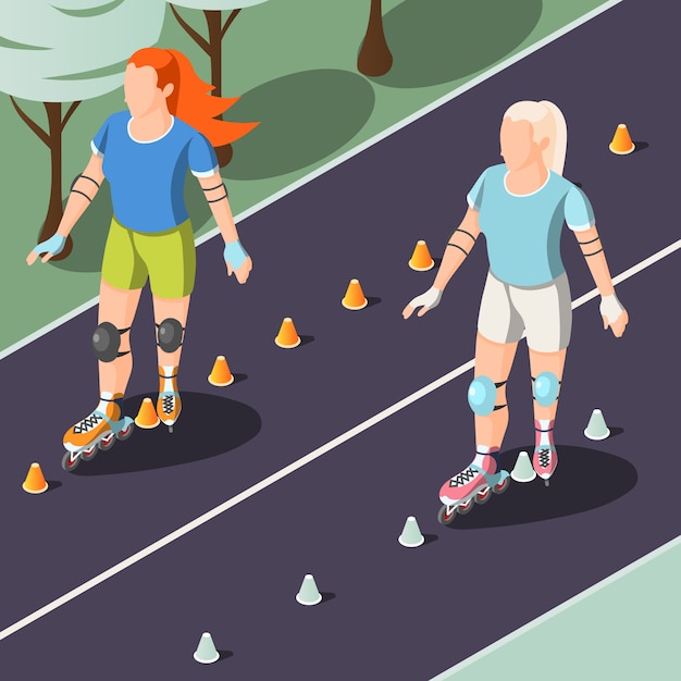 Free vector young women riding on rollers