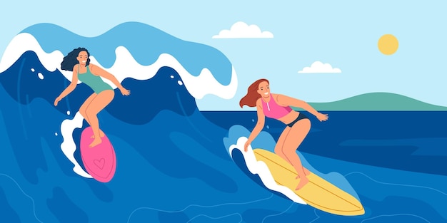 無料ベクター 休暇フラット ベクトル図でサーフィンをする若い女性