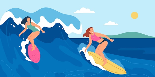 Free vector young women surfing on vacation flat vector illustration