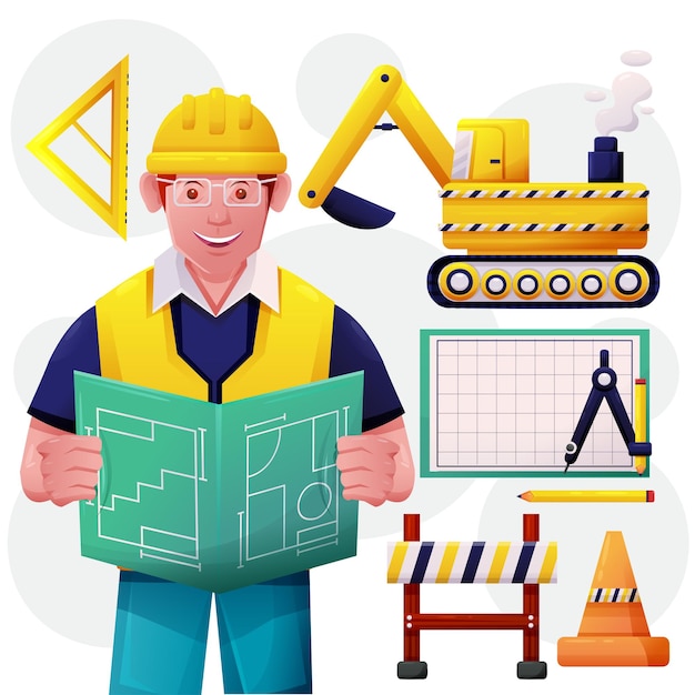 Free vector young worker man and construction road equipment and machines