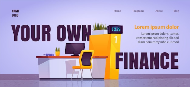 Free vector your own finance cartoon landing page with bank office staff desk in lobby