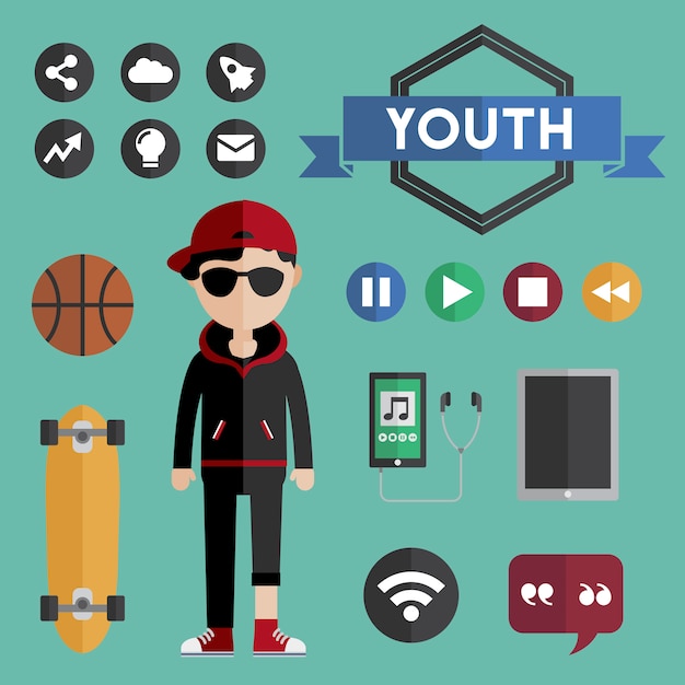 Youth boy flat design icons concept