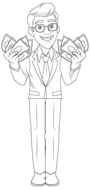 Youth business man holding money doodle outline