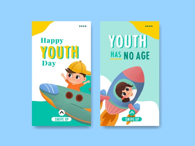국제 청소년의 날, 소셜 미디어, 수채화를위한 청소년의 날 템플릿 디자인