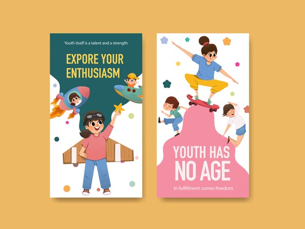 Youth day template design for international youth day, social media, watercolor