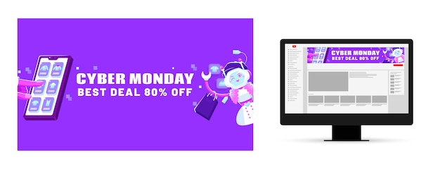 Vettore gratuito grafica del canale youtube per la vendita del cyber monday