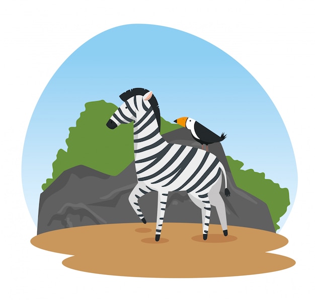 Vettore gratuito riserva di animali selvatici zebra e uccello