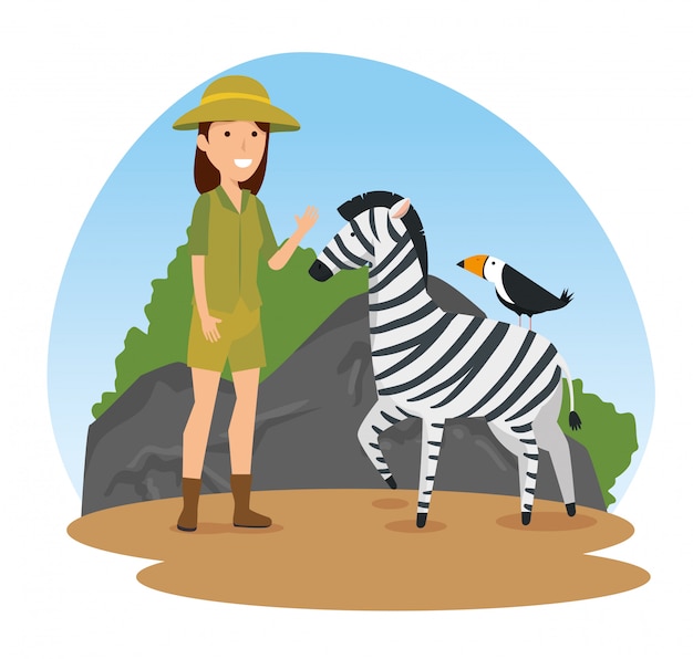 Free vector zebra with bird wild animals and safari woman