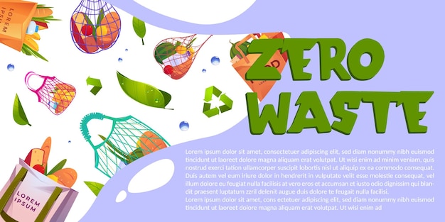 Striscione cartone animato a rifiuti zero con sacchetti ecologici riutilizzabili