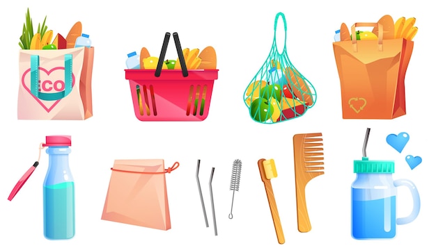 Free vector zero waste goods net cotton and paper shopping bags wooden comb and toothbrush glass bottle and cup with metal straw, cartoon set of recycle eco packages with food and reusable goods