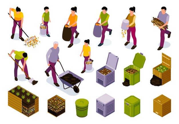 Zero waste isometric colored design concept set of gardeners participating in process of waste composting isolated vector illustration