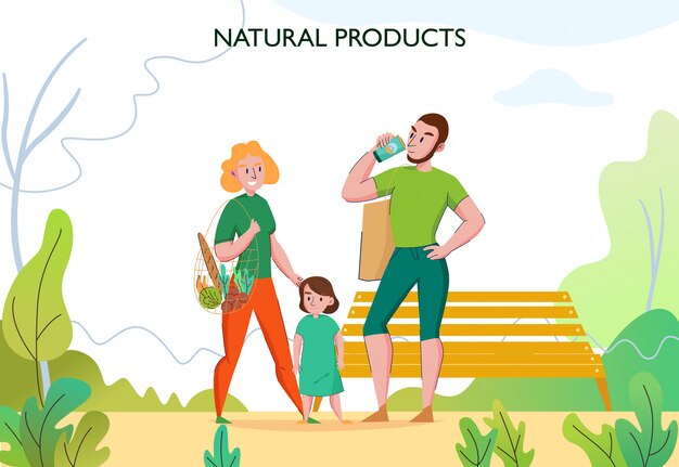 Vettore gratuito stile di vita a zero sprechi con la famiglia giovane in forma all'aperto utilizzando prodotti naturali sostenibili eco-compatibili