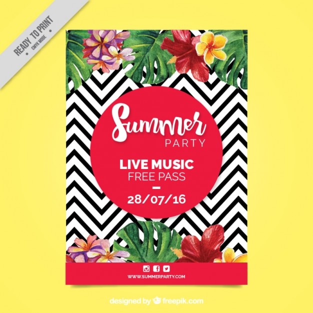 Free vector zig-zag lines with watercolor flowers party flyer