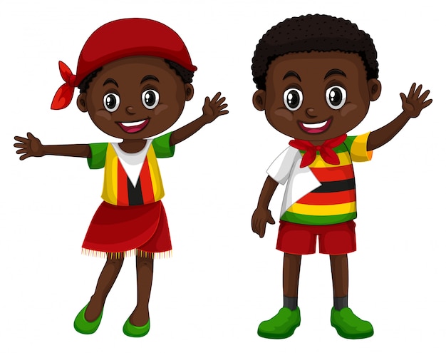 Vettore gratuito ragazzo e ragazza dello zimbabwe in costume di colore della bandiera