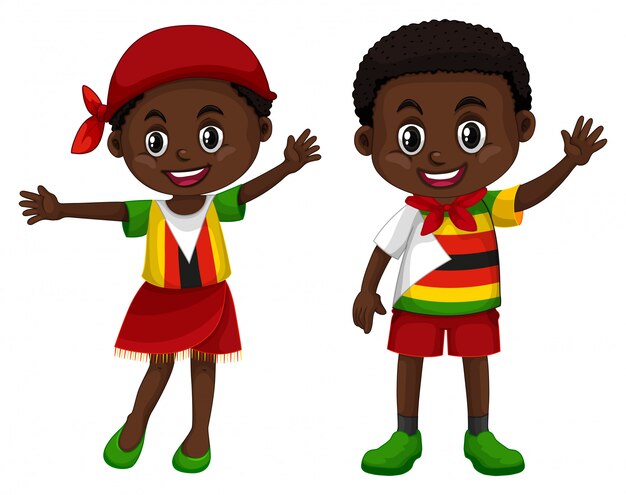 짐바브웨 소년과 소녀 플래그 색 의상