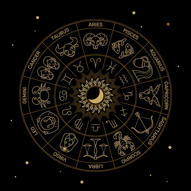 Zodiac astrology horoscope illustration gold line on black minimal style.
