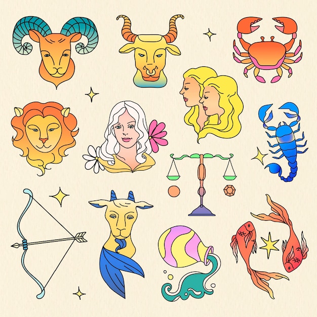 Segni zodiacali, vettore di raccolta di elementi di collage di arte di doodle colorato