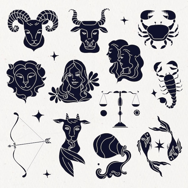 Zodiac signs, doodle art black &amp; white illustration graphic set vector