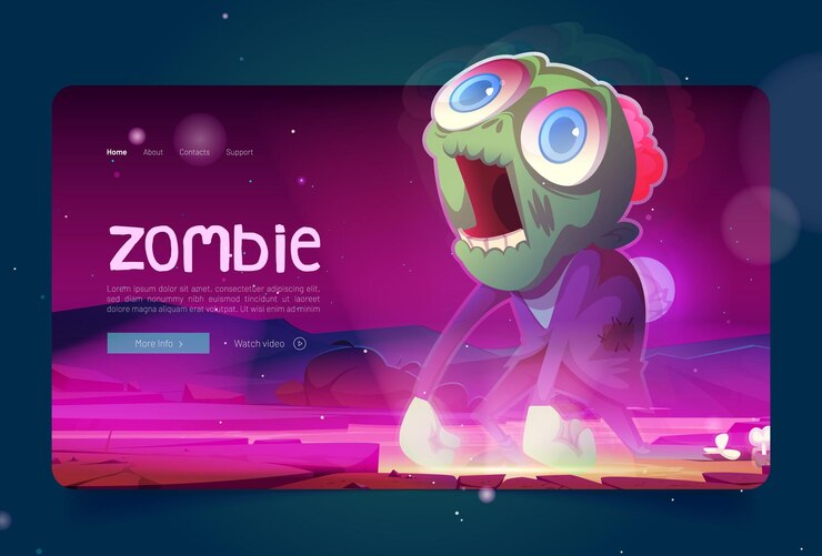 Free Vector zombie banner with scary monster green undead character vector landing page with cartoon illustration of creepy dead man with brain and dangling arms walking on river coast at night