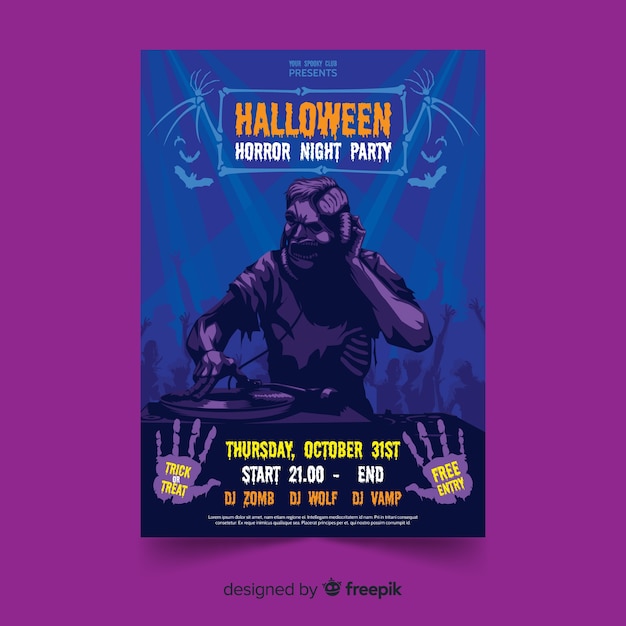 Vettore gratuito modello di manifesto del partito piatto di zombie di halloween