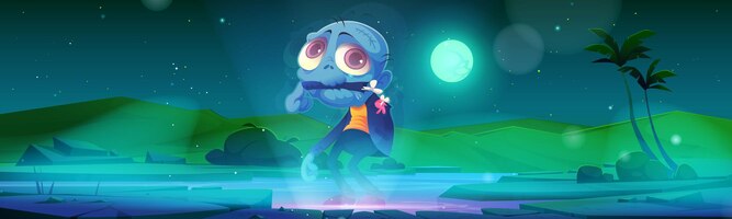 Zombie halloween character rise from the grave cartoon eerie personage dead monster with blue skin torn dirty clothes eating own hand at midnight landscape creepy game scene vector illustration