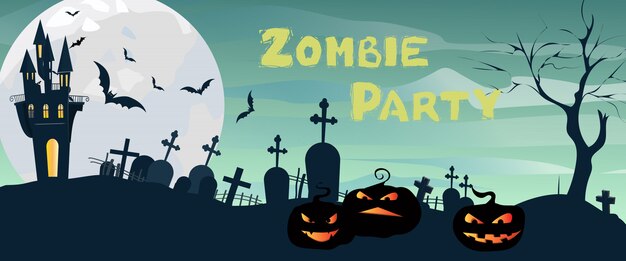 Zombie Party lettering with castle, graveyard, moon and pumpkins
