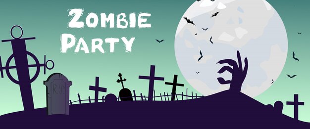 Zombie Party lettering with cemetery, hand and moon