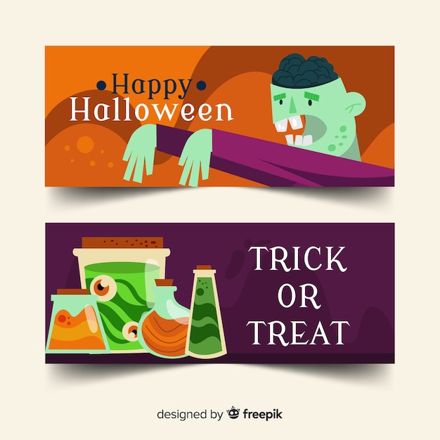 Free vector zombie and zombie smoothie flat halloween banners