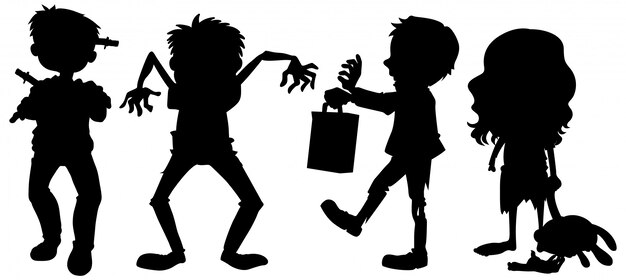 Zombies in silhouette in cartoon character on white background