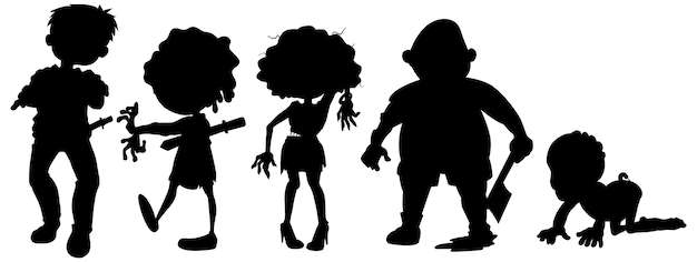 Zombies in silhouette in cartoon character on white 