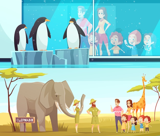 無料ベクター 動物園の動物2漫画バナーセット