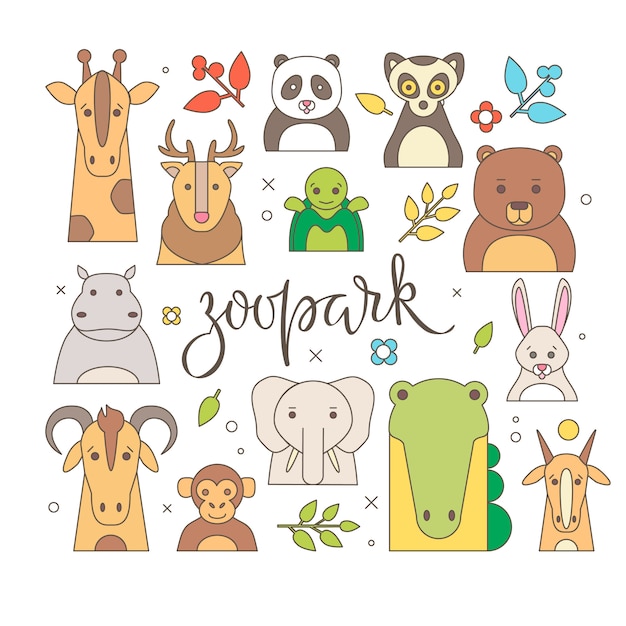 Zoo Animals Portrait with Flat Design 